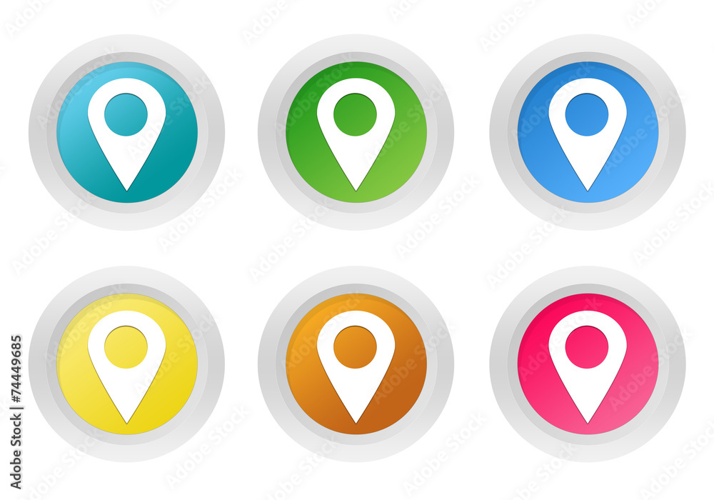 Poster set of rounded colorful buttons with markers on maps symbol
