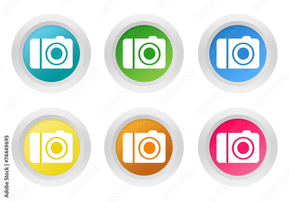 Poster set of rounded colorful buttons with camera symbol