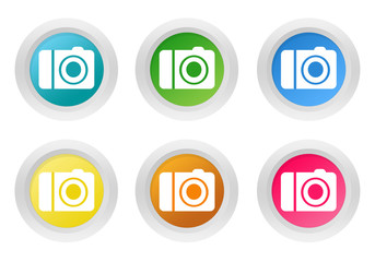 Set of rounded colorful buttons with camera symbol