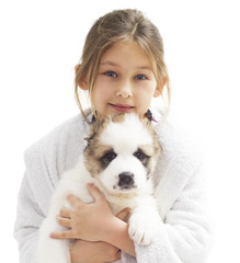 kid and puppy on a white background isolated