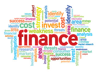 Finance business concept in word tag cloud, vector background