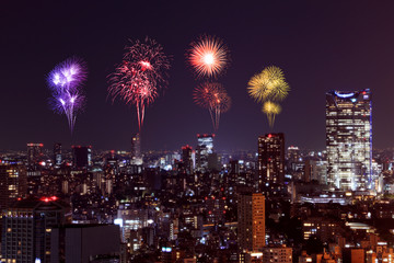 Fototapeta premium Fireworks celebrating over Tokyo cityscape at night