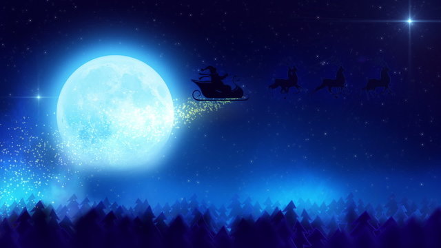 Santa Claus light on Christmas trees with glitter