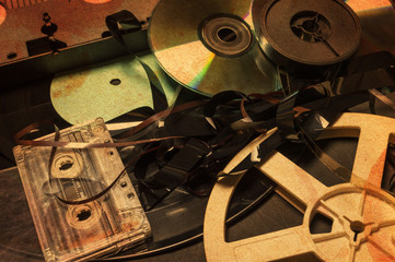 Collection of retro audio and video tapes.