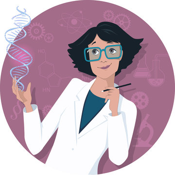 Female scientist with a DNA molecule