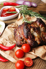 Delicious grilled meat on table