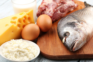 Food high in protein on table, close-up