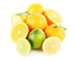 Ripe citrus with green leaves isolated on white