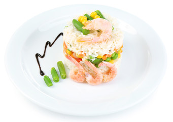 Boiled rice with shrimps and vegetables