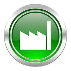 factory icon, green button, industry sign, manufacture symbol