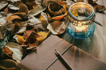 notebook and a vintage candle lantern with dried fruit peel
