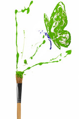 White and green painted butterfly hover above bursting paint pai