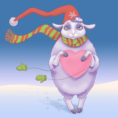 Sheep in the winter suit with heart in hands