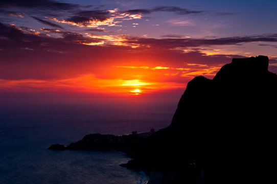 Mountain Silhouette with Red Sunset in Rio de Janeiro