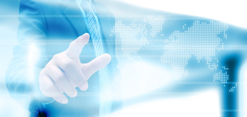 hand of businessman and social network on tech