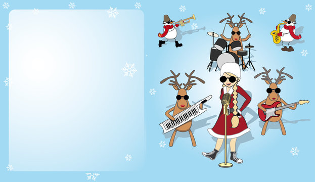 Christmas card with girl, snowman and reindeer