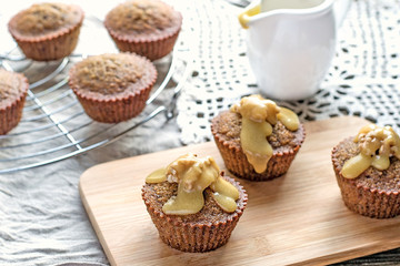 Moist date muffins with homemade toffee caramel