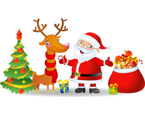 Santa Claus and Reindeer with a bag of Christmas Gifts