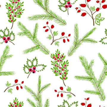 Seamless Vector Pattern With Floral Branches Winter Christmas Ha