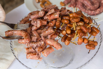 dish of sausage skewers