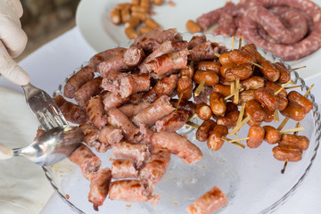 dish of sausage skewers