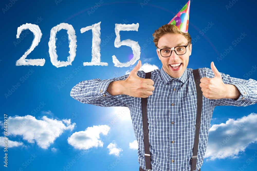 Poster geeky hipster wearing party hat smiling at camera