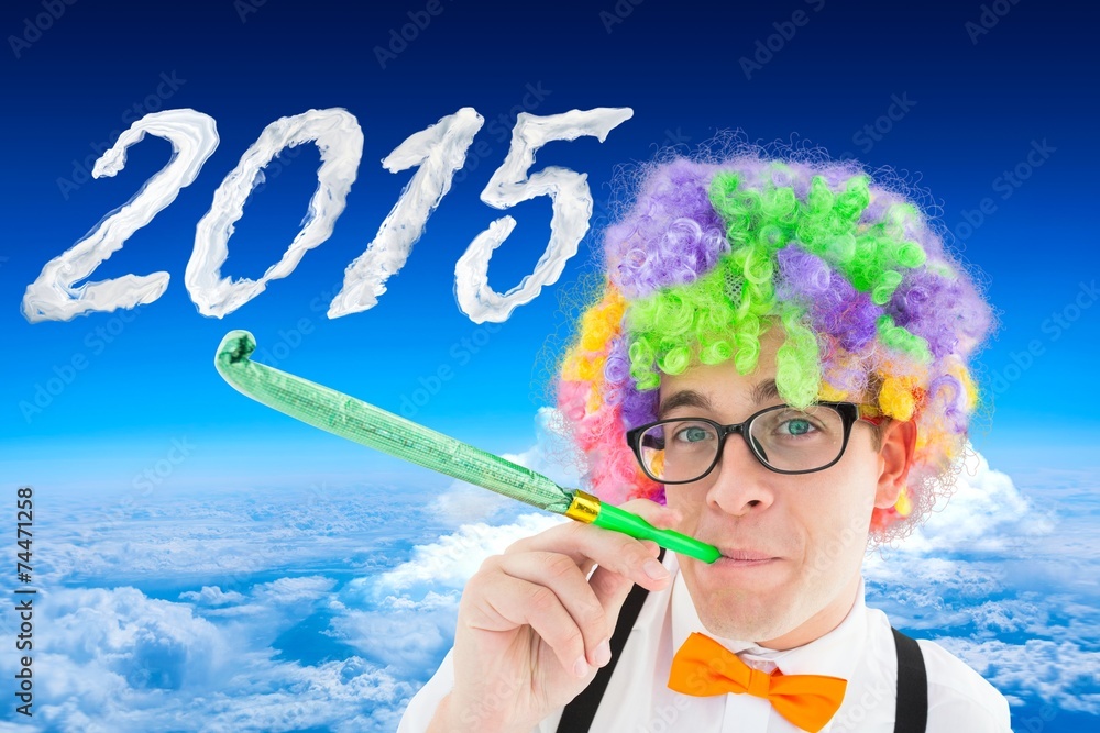 Poster Composite image of geek blowing party horn