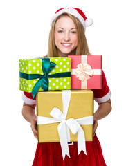 Christmas woman hold with lots of giftbox