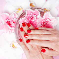Red manicure with flowers