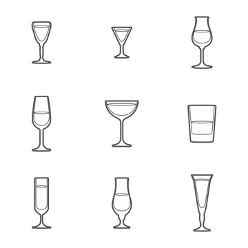vector grey outline alcohol glasses icon set