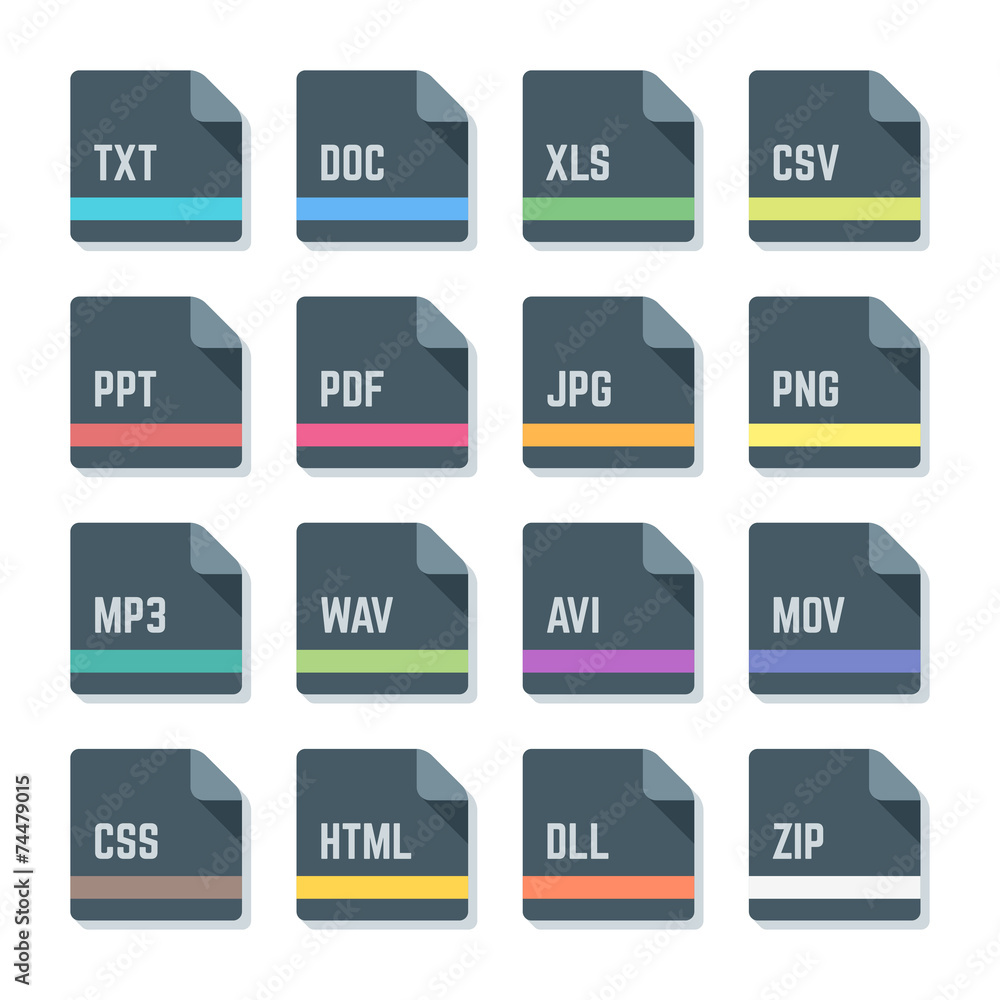 Fototapete vector flat style rounded square file formats colored icons