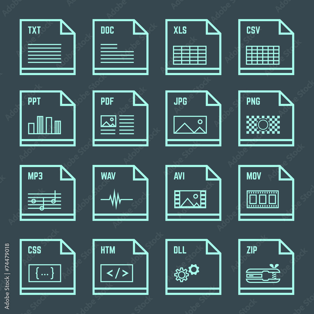 Fototapete vector outline light blue green square file formats with symbols