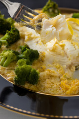 prepared white fish fillet closeup with broccoli and lemon
