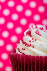 close view on cup cake over colorful pink dotka background