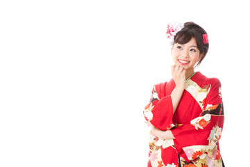 japanese woman wearing kimono thinking