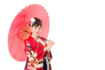 Fototapeta premium japanese woman wearing kimono on white background