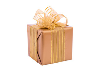 Gold gift box with ribbon and bow