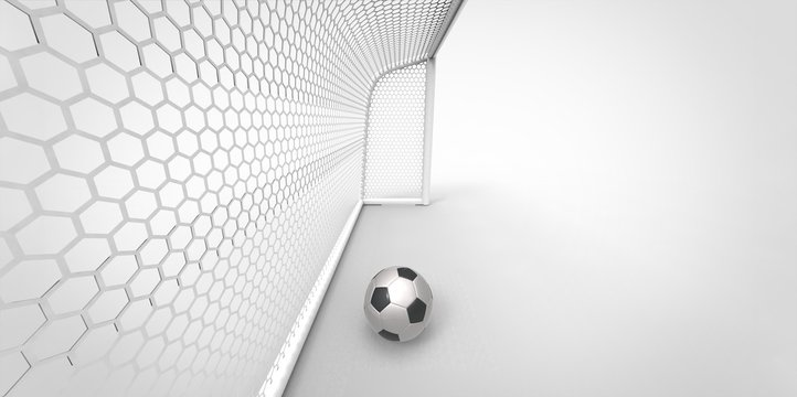 A black and white soccer ball football and a goal post