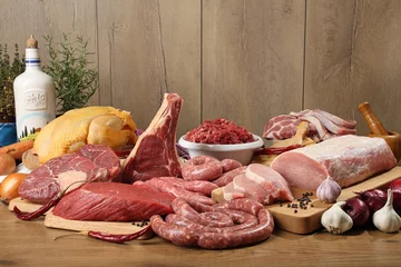 Keuken foto achterwand Vlees rauw vlees groep op houten tafel