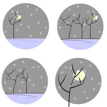 Tree silhouettes with snow set
