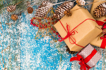 Christmas decoration hanging over wooden background