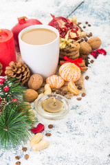 Winter decoration. Composition on wood background.