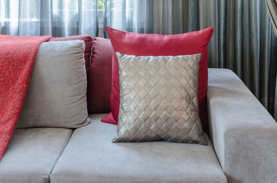 Grey Sofa With Red Pillow In Living Room At Home