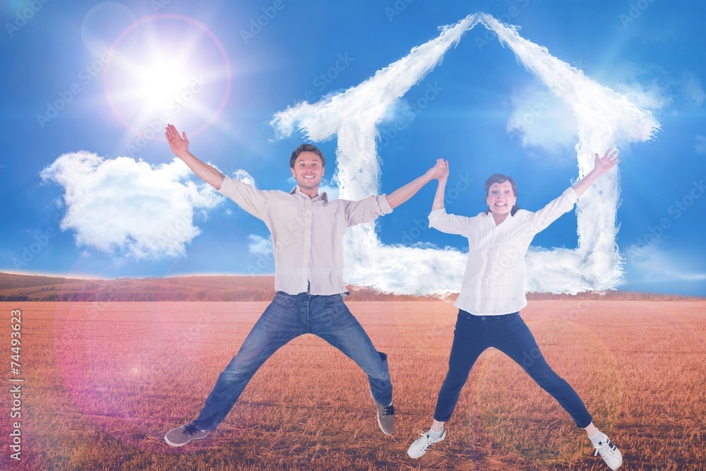 Poster composite image of couple jumping and holding hands