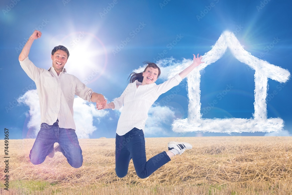 Poster composite image of couple jumping and holding hands