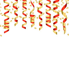 Festive background with gold and red shiny streamers and confett