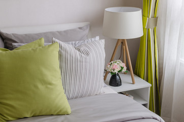 modern bedroom with wood lamp