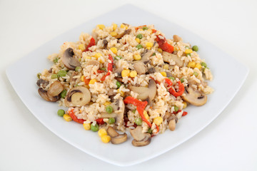 rice with vegetable on white plate