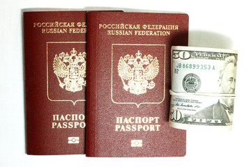 Russian Passport And Dollars USA Isolated On White Background