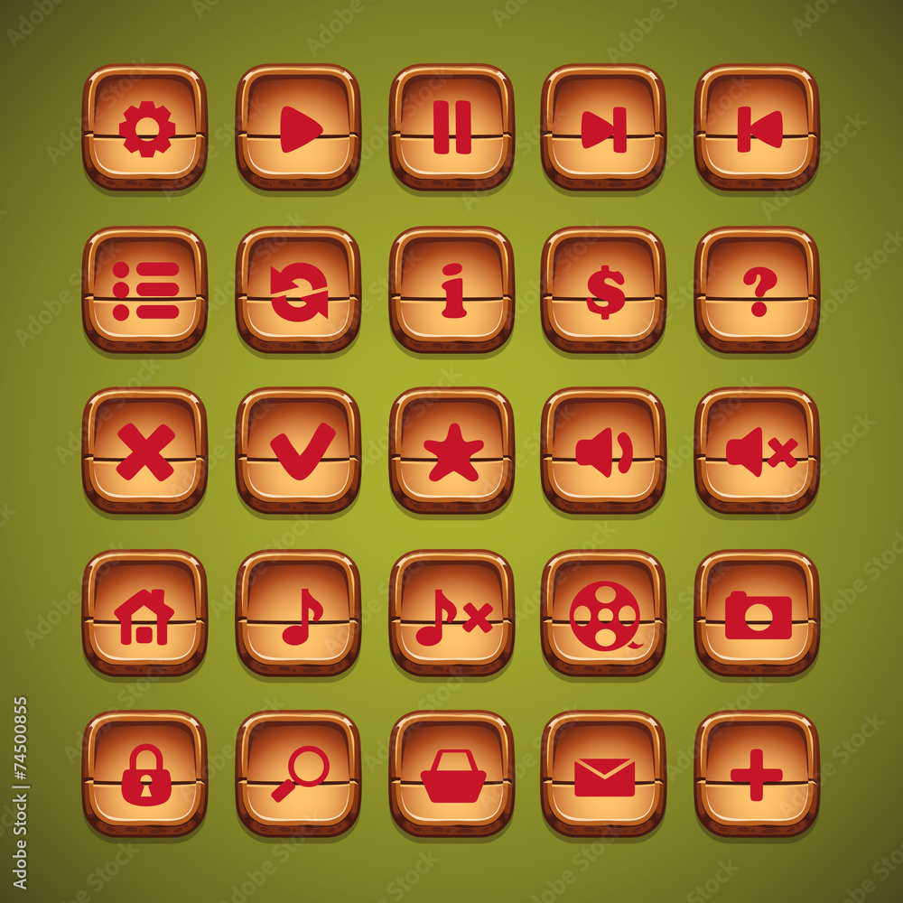 Poster a set of wooden cartoon buttons for the user interface of comput